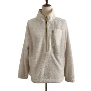 Clean Girl Sherpa 1/4 Zip Jacket L Gorpcore Minimalist Cozy Pullover Neutral